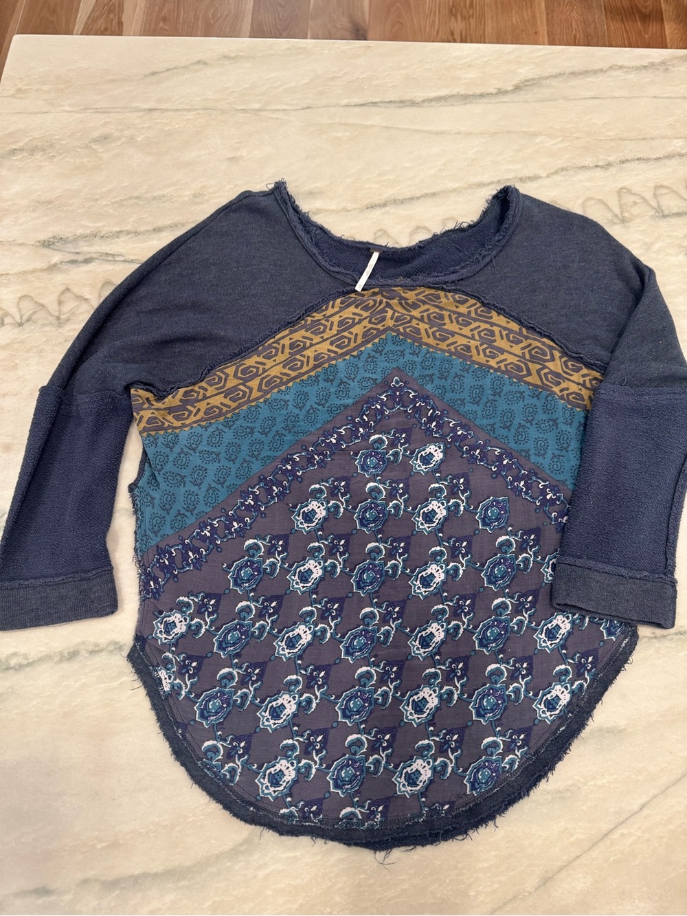 Free People Navy Mixed-Print Long Sleeve Tee with Mustard Trim
